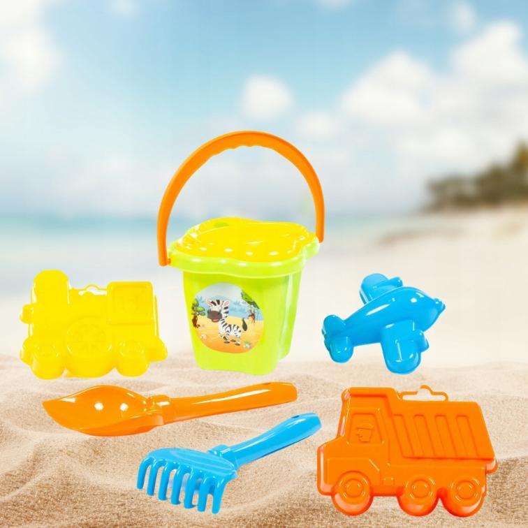 Zestaw Do Piasku Na Plażę Wiaderko Łopatka Grabki Foremki Sitko Megadidi