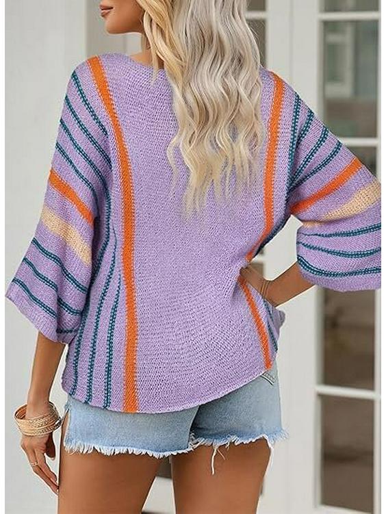 Dámský pletený pulovr s barevnými bloky a pruhy - Rukávy střední délky, Všestranná ležérní móda