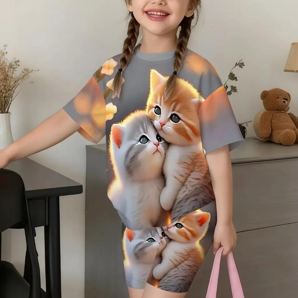Girl Leisure Coordination Cute Kitten Heart Floral Print Short‑Sleeve Top and Elastic Biker Shorts Kid Sweet Summer Daily Garmen