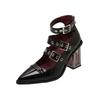 Spring New Coarse Heel Shoes Women Pointed Head Shallow Mouth Rivets Metal Buckle Line Belt High Heels