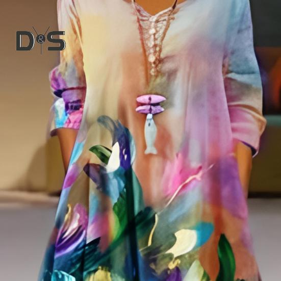 Frühlings- und Herbstkleid mit Taschen, Vintage-Blumendruck, V-Ausschnitt, unregelmäßiger Lagensaum, lockeres A-Linien-Maxikleid für die tägliche Arbeitsparty