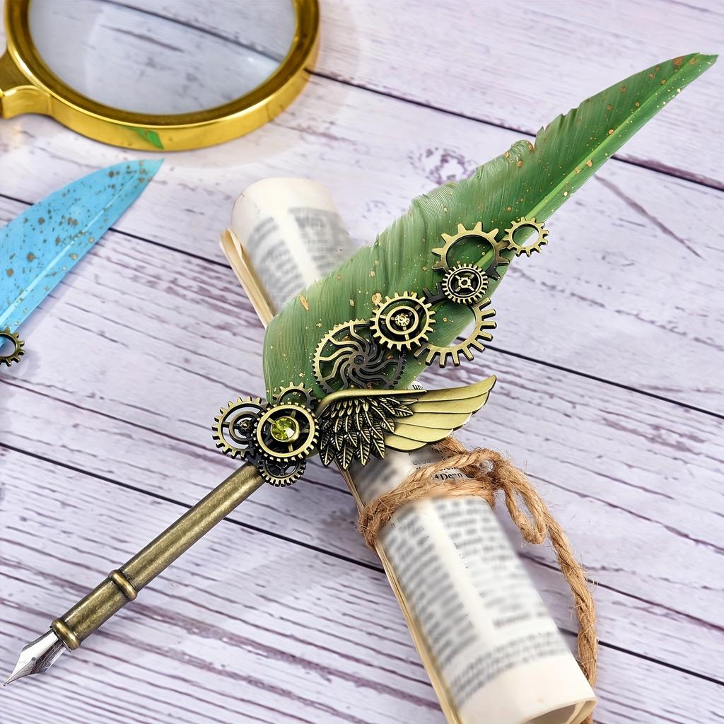 Ambidextrous Mechanical Calligraphy Pen with 5 Personalized Metal Tips, Medium Point, Round Body, Decorative European Retro Feather Quill for Beginner