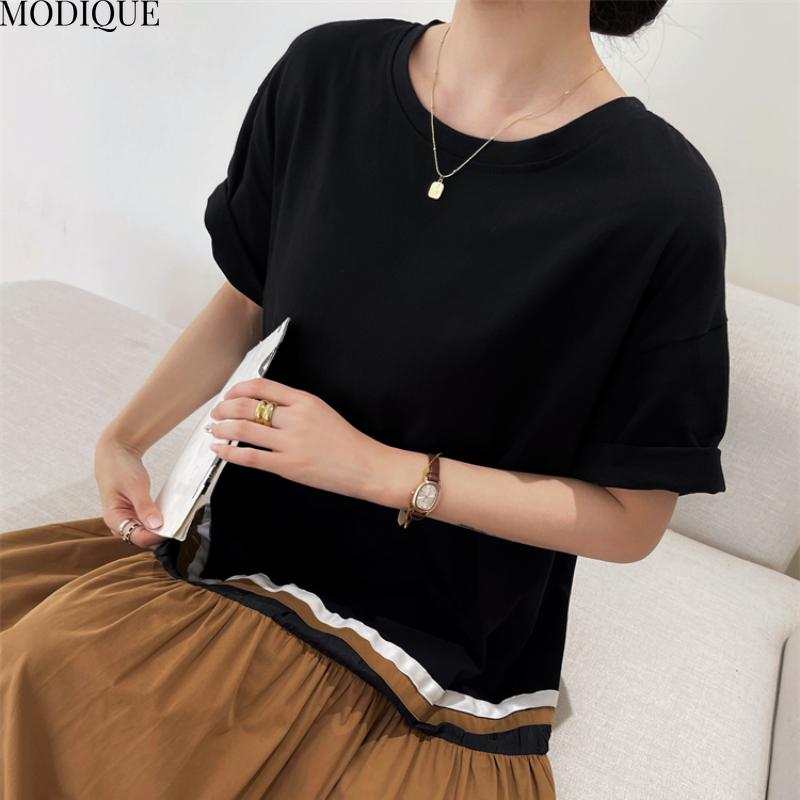 MODIQUE Summer Plus Size New Women Basic Loose Minimalist Color Matching T-Shirt Patchwork Long Dresses Female Casual Short Sleeve O-Neck Dresses