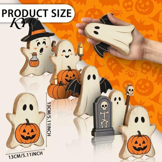 Office Tabletop Holiday Ornaments Halloween Cute Ghost Sign, Pumpkin Tombstone Wooden Plaque Playful Cartoon Statues for Tiered Tray Decor,