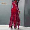 TS Women Long Sleeve Bow Belted Irregular Hem Hollow Lace Bodycon Long Dress
