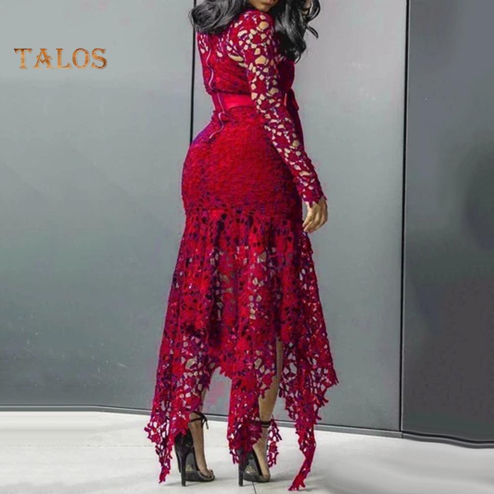 TS Women Long Sleeve Bow Belted Irregular Hem Hollow Lace Bodycon Long Dress