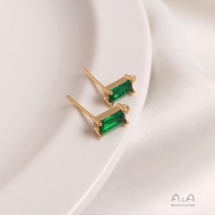 14K Gold-Plated Silver Studs with Rectangular Zircon and Colorful Hanging Ear Pins for DIY Accessories