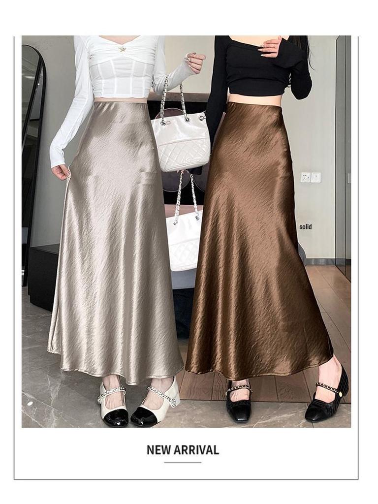Французька спідниця міді А-силуету з атласу з високою посадкою для жінок - Осіння колекція