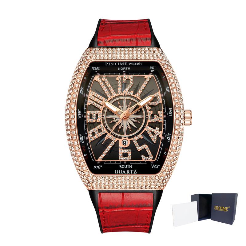 PINTIME Men's Luxury Tonneau Watch Shiny Metal CZ Case Rubber Strap Quartz Fashion Wristwatch Male Clock Relogio Gifts