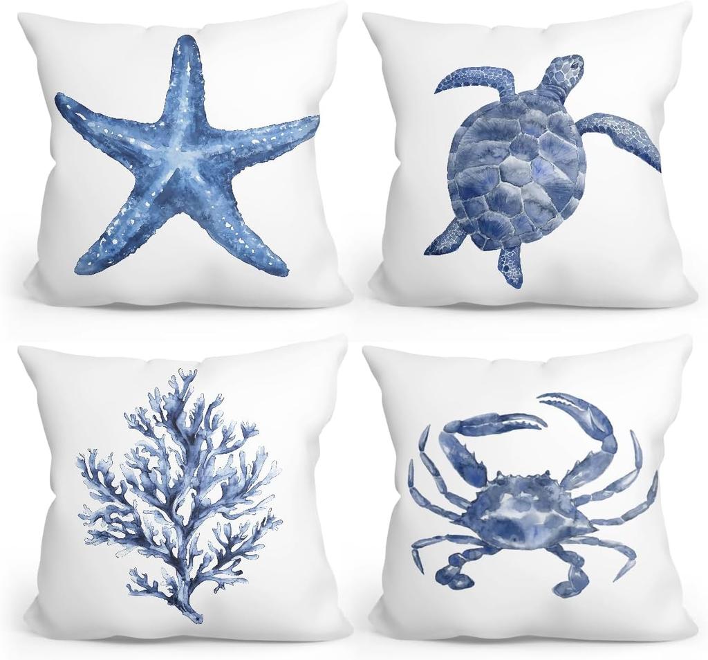 4Pcs Sea Life Coastal Throw Pillow Covers ,Decorative Pillows For Couch Sofa Living Room Bedroom, Starfish Turtle Crab Decor