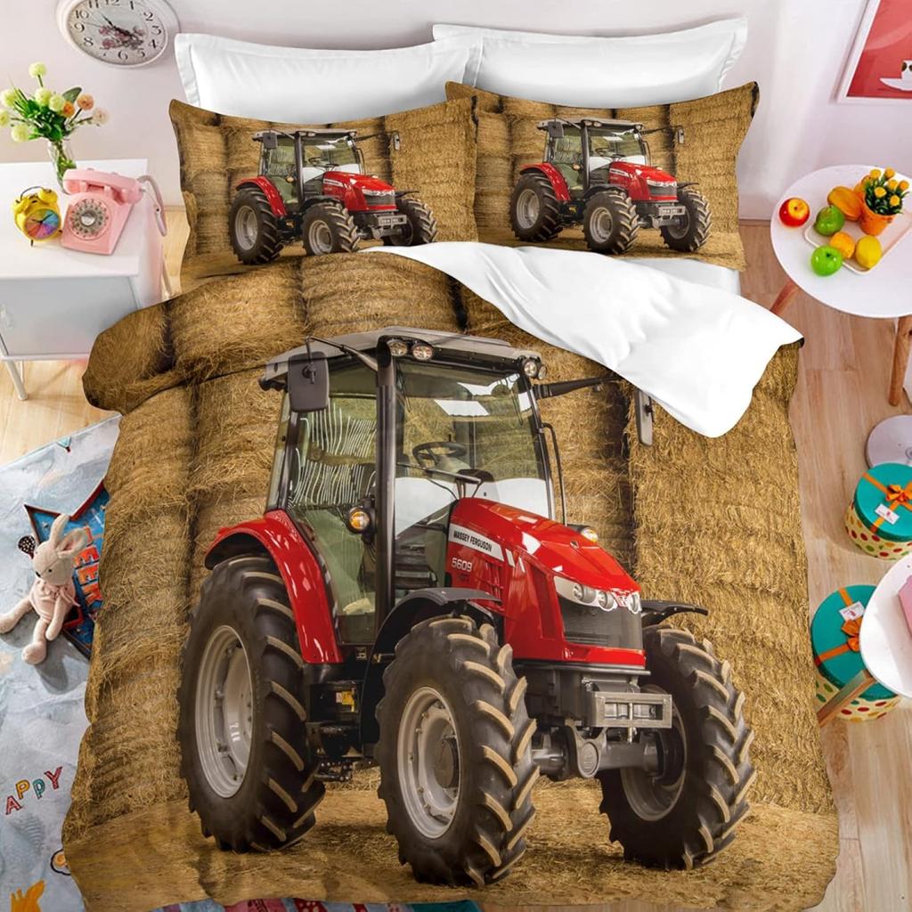 Tractor Bedding Set With Pillow Cover 75X50Cm, Tractor Pattern Boys Quilt Cover Set, Microfiber Comfortable Duvet Cover Set