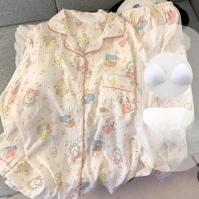 Pijama de mujer con estampado de dibujos animados, conjunto de pijama de algodón suave con diseño de nube, cárdigan de manga larga y pantalón, conjunto de 2 piezas para estar en casa.