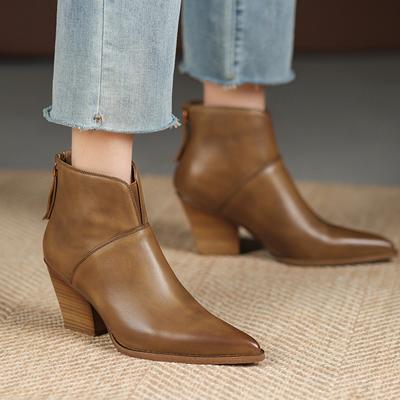 Fashion Women Ankle Boots Genuine Leather Autumn Winter Short Boots Thick Heels Pointed Toe Zipper Shoes Woman Mature Basic Office Lady