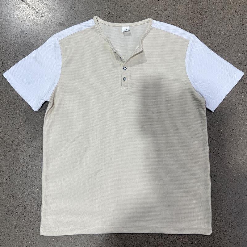 Mens Loose Short Sleeve Waffle Henley T Shirt Summer Casual Top