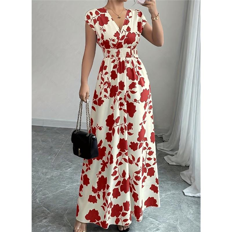 Women's Casual Floral Short-Sleeve Tie-Front V-Neck Fitted Dress for Summer
