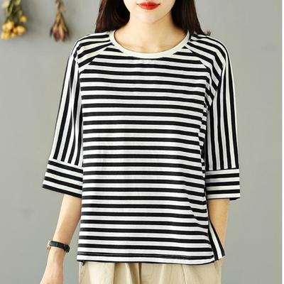 Pure Cotton Horizontal Striped Three-quarter Sleeve T-shirt for Women Summer New Style Literary and Casual All-match Loose T-shirt