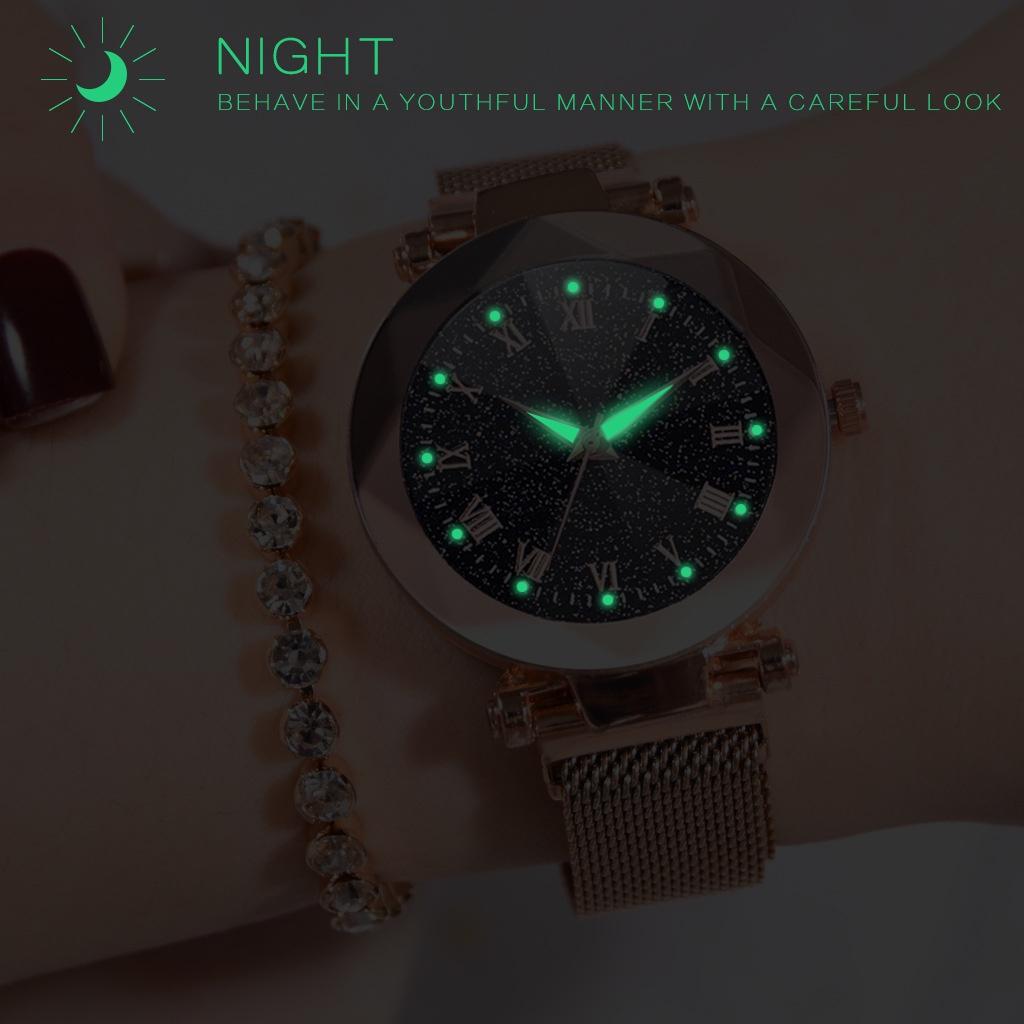Women Sky Starry Luminous Watch Roman Numerals Quartz Watch Magnet Wristwatch
