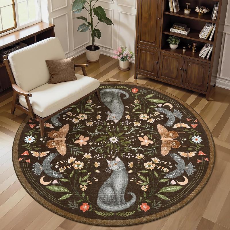 Katze Blumenmuster Runder Teppich Weich Rutschfest Wohnzimmerteppich Boho Blumenvogel-Drucke Retro Heimdekoration Bodenschutzmatte