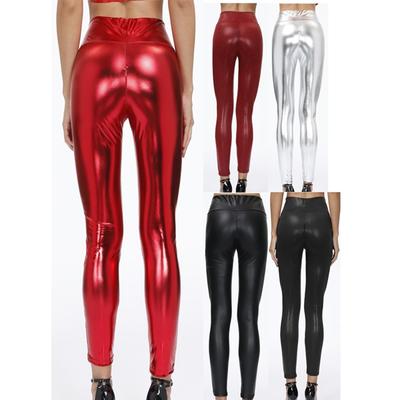 Leggings de cuero de 4 colores para mujer, pantalones de cuero con cremallera trasera, medias