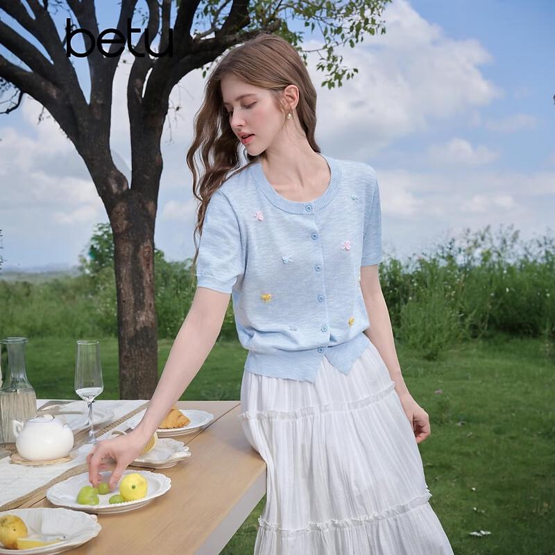Baitu Women s Bowknot Embroidered Short Sleeve Knit Cardigan L