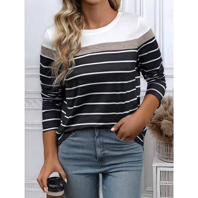 Damski T-shirt z długim rękawem Jesień Pasiasty Kraciasty Nadruk Uliczny Casual Okrągły dekolt Pulower Luźny Krój Outdoorowy T-shirt