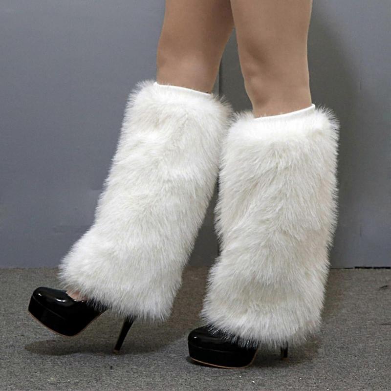 1 Pair Plush Elastic Solid Color Thick Leg Warmers Autumn Winter Women Warm Faux Fur Boot Stockings