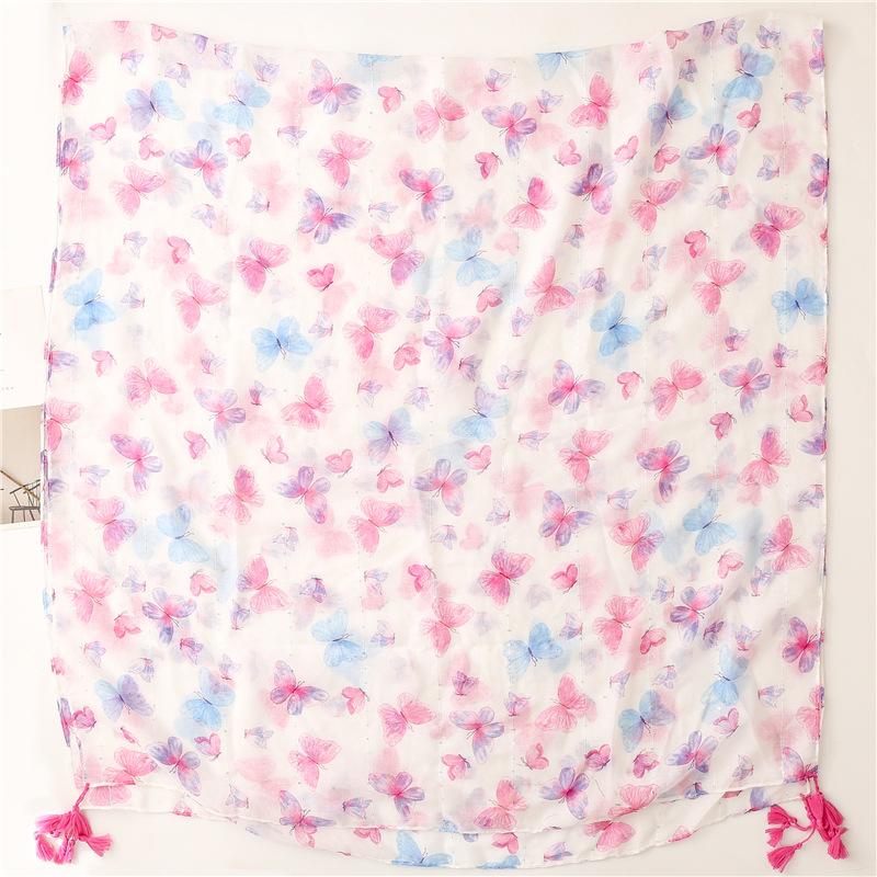 Lovely Animal Pink Flying Butterfly Pattern Tassel Viscose Shawl Scarf Lady Headband Pashmina Stole Muslim Hijab Sjaal 180*90Cm