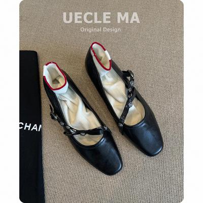 Lambskin~ Genuine Leather Single Shoes Women's Flat Bottom Square Head Light Mouth Black Shoes with Skirt Retro Mary Jane Shoes