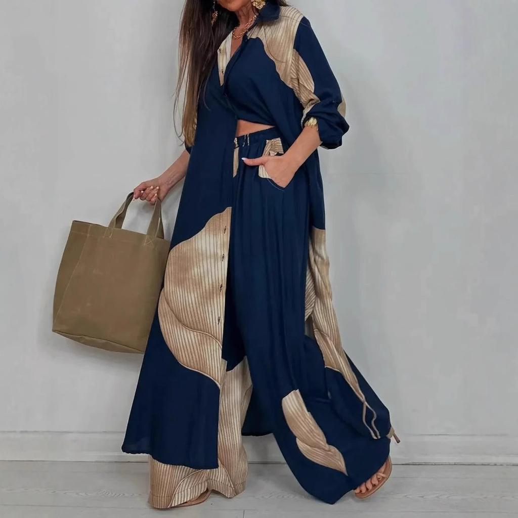 European and American Women's Clothing Spring New Fashion Casual Color Matching Loose Shirt Top Trousers Two-piece Set