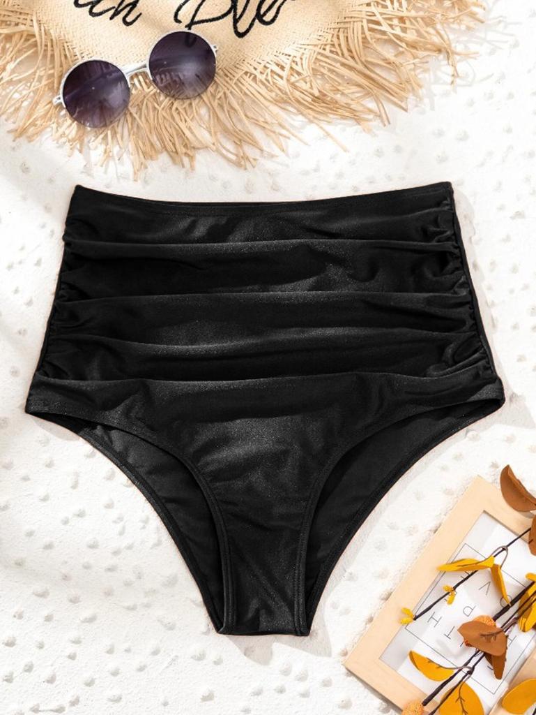 Women's High-Waisted Tummy-Control Slimming Bikini Bottoms with Quick-Dry Ruched Design in Multicolor