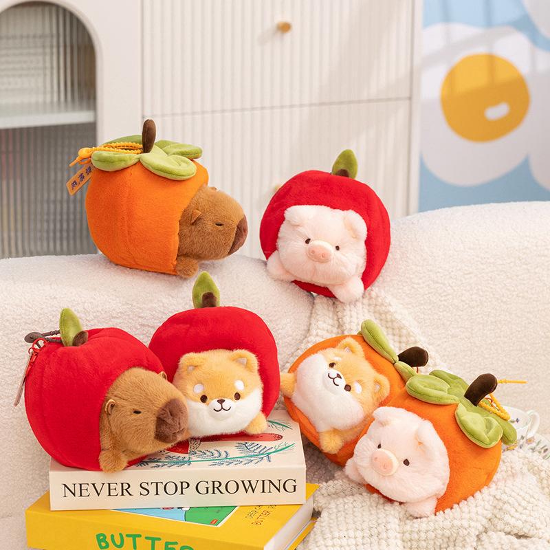 15cm Cartoon Fun Fruit Nest With Animal Plush Doll Pendant Apple Orange Pig Shiba Dog Capybara Plush Toy Christmas Gift For Kids