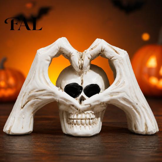 Durable Resin Art Ornament Gothic Skeleton Hands Heart Sculpture with Skull, Romantic Love Statue, Halloween Dark Style Home Accents Shape Finger