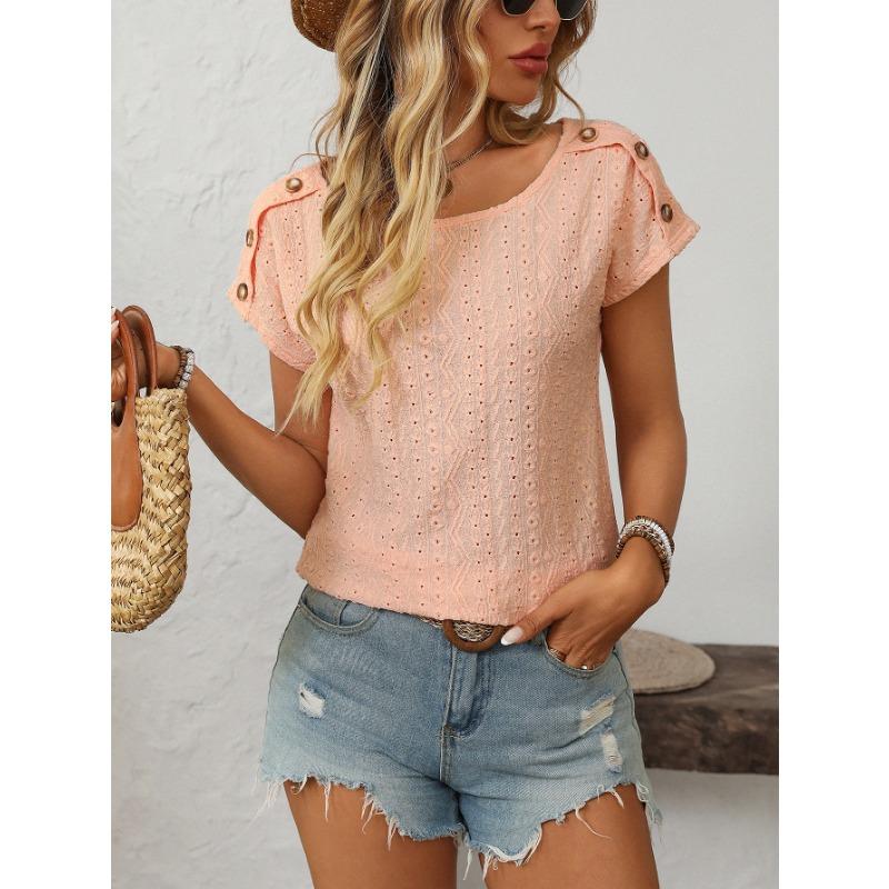 Women's Spring and Summer New Solid Colour Round Neck Button Short-sleeved T-shirt Hollowed Out Tops