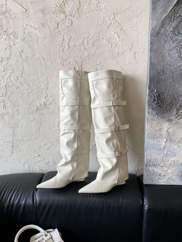 2025 new European and American style belt buckle wide tube thin slope heel pointed boots