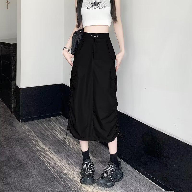 

Жіноча ретро міді спідниця А-силуету з розрізом та куліскою - Ідеальна для весни та літа 3XL чорний