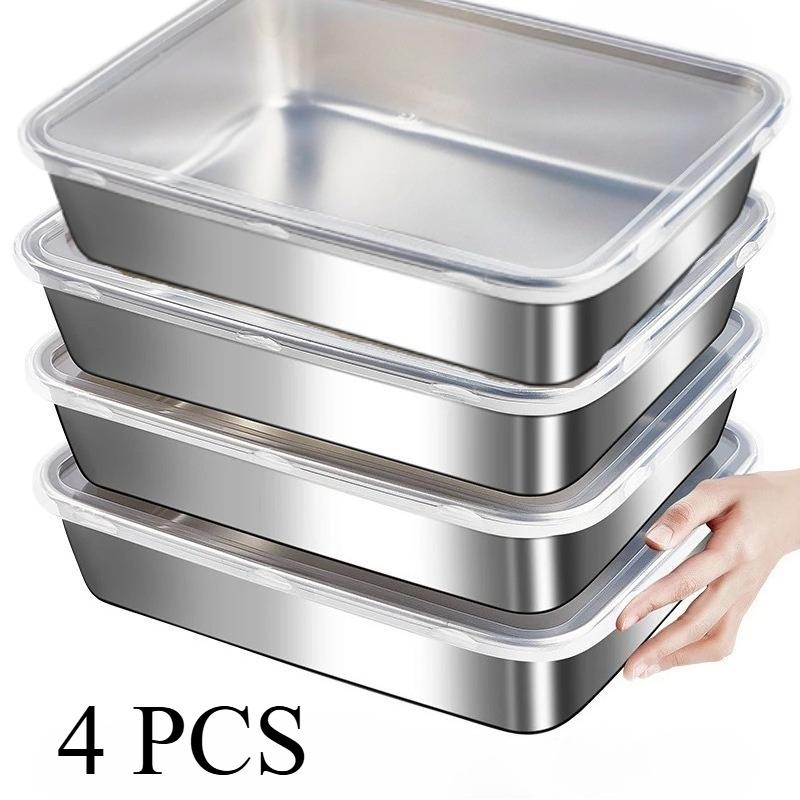 

4Pcs Stainless Steel Baking Trays with Lids, Non-Stick Kitchens Accessories, Stores Knifes, For Kitchen Home & Restaurant Baking