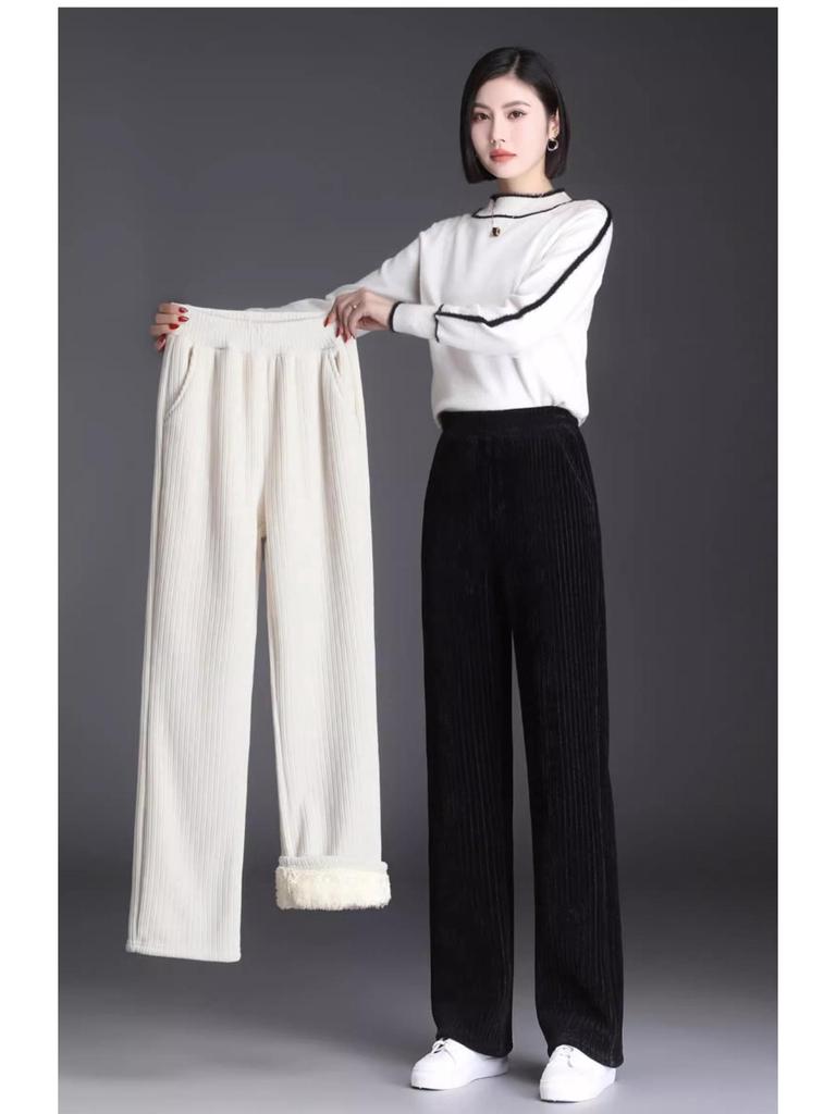 Women's Chenille Wide-Leg Corduroy Pants, Fleece-Lined Lambswool, Autumn/Winter 2023 Collection