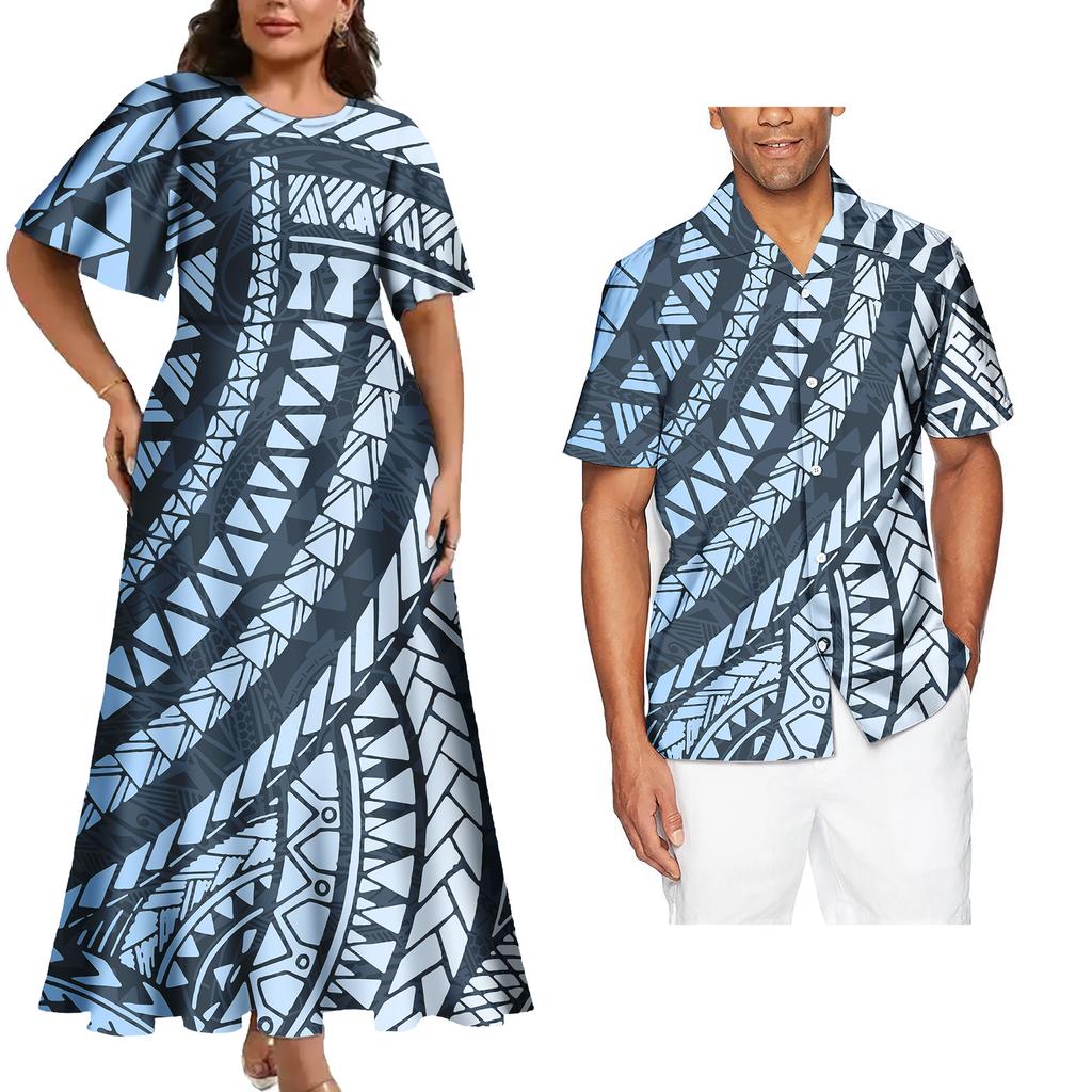 Tenues Assorties pour Couple Ensemble Deux Pièces Femme Robes de Soirée Assorties Chemises Homme Tenues de Couple Tribales Polynésiennes Samoa Personnalisées