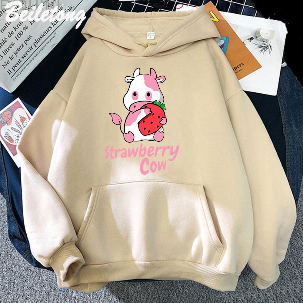 Strawberry Milk Cow Cartoon Hoodie Kawaii Clothing Aesthetic Girls Sudadera Mujer Pink Long Sleeve Loose Sweatshirt