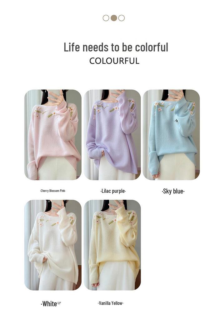 2026 A/W Women's One-Shoulder Embroidered Wool Sweater Top