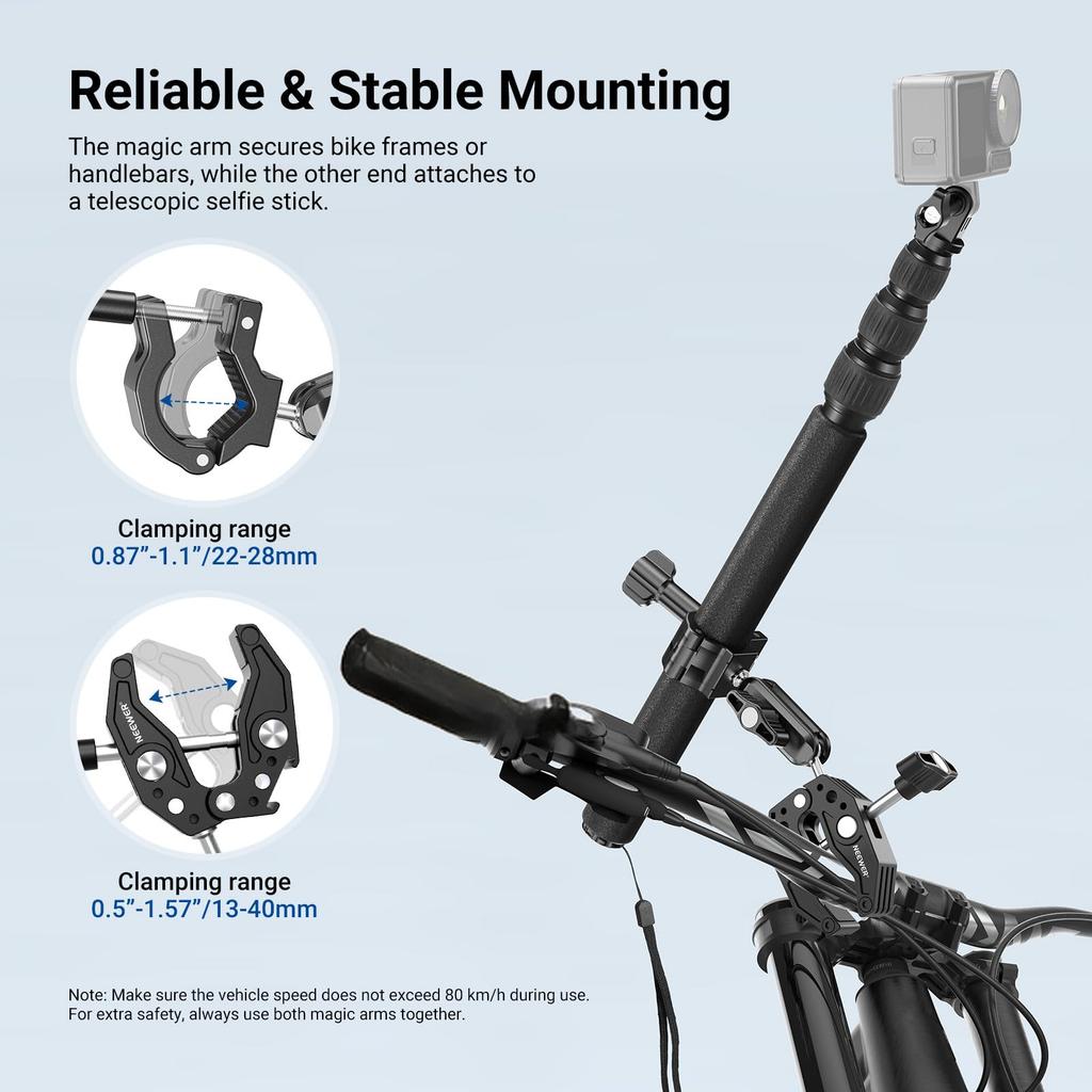 NEEWER Fahrradkamera-Halterung Fahrradklemme Fahrrad-Hecklenker Versteckter Selfie-Stick Doppelklemmhalterung mit Action-Kamera-Adapter Kompatibel mit Hero