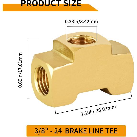MuHize Raccordo a T per Tubo Freno 4 Pezzi - Tubo da 3/16" x 3/8"-24 UNF | Connettore a T in Ottone SAE/DOT per Sistemi a Doppio Svaso | Raccordo a 3 Vie a Prova di Perdita per