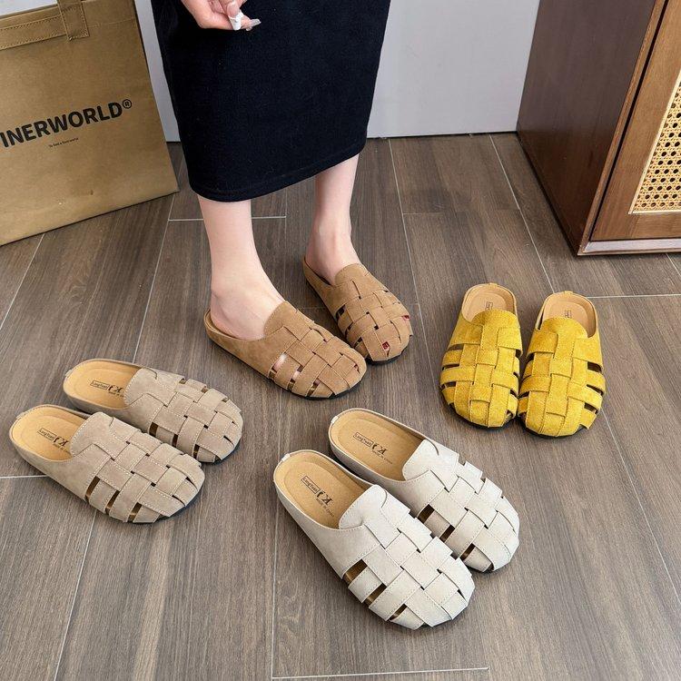SyfIyno Summer New Women's Shoes for Outerwear, One Foot Sandals, Roman Woven M Ü Ller Hollow Flat Casual Women's Slippers