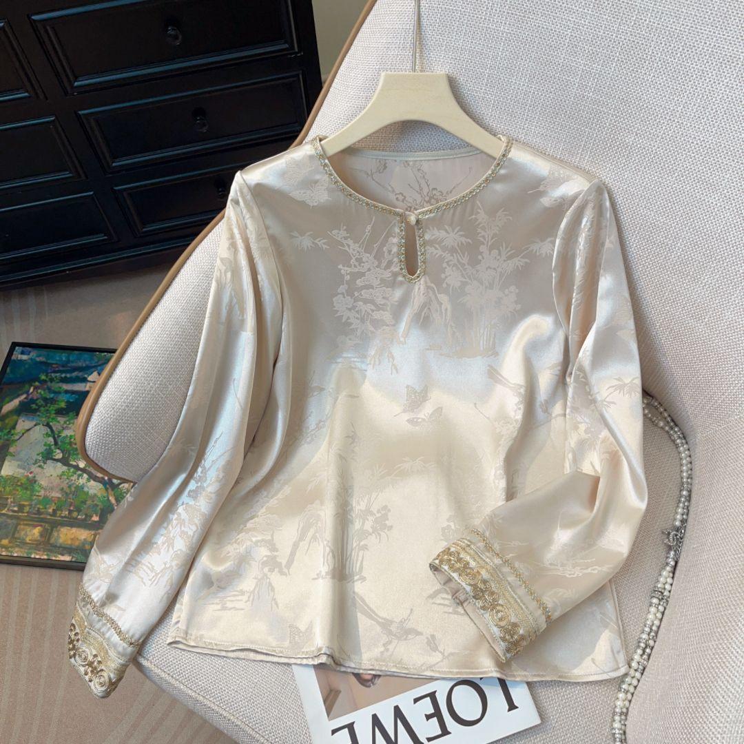 women s Elegant Jacquard Satin Blouse New Chinese Style Keyhole Neck Long Sleeve Casual Top Shirt S шампанского