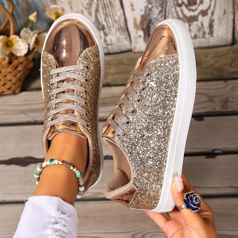 2025 Summer New Arrival Plus Size Sequined Front Lace-Up Solid Color Oversized Sneakers