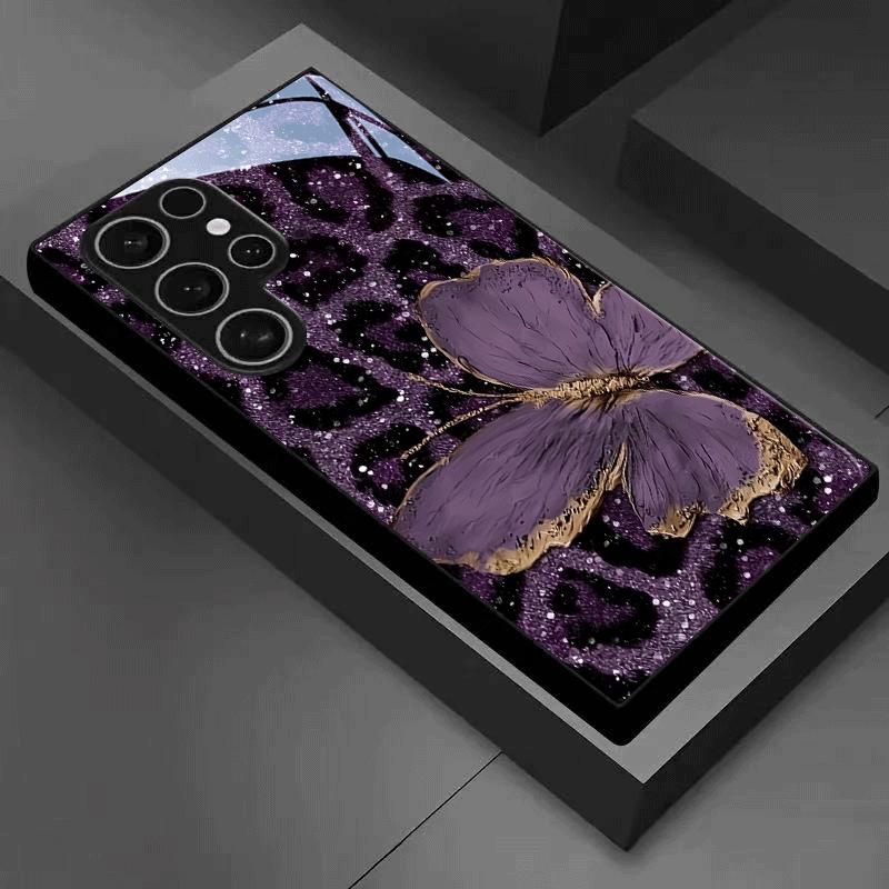 Etui na telefon ze szkła hartowanego z motywem motyla lamparta, pasujące do Samsung Galaxy S26 S25 S24 S23 S22 S21 S20 FE/Ultra/Plus, odporne na upadki