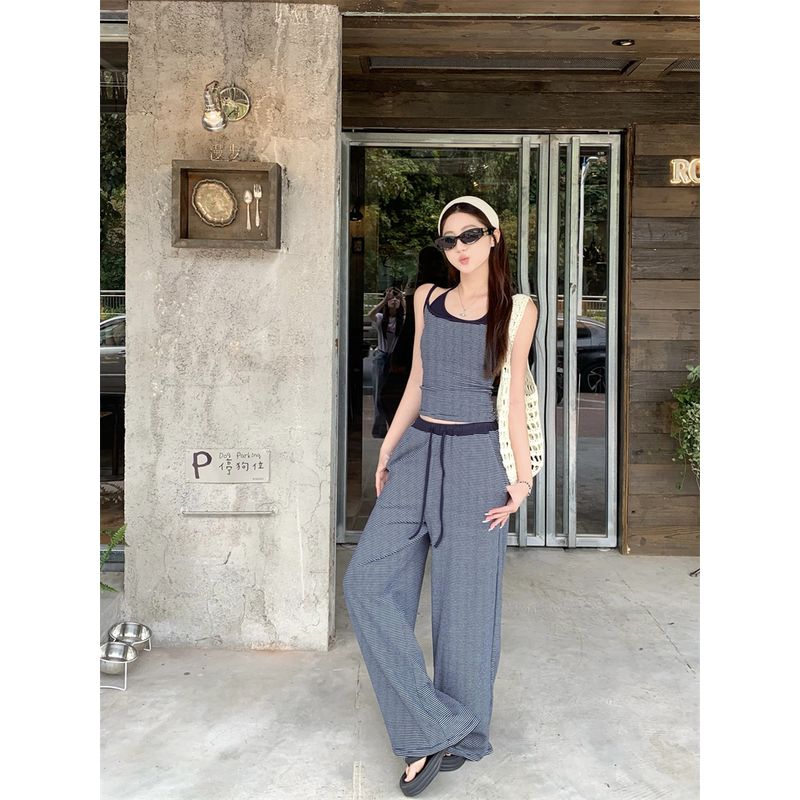Kumikumi Retro Set Stripe Fake Two Pieces Halter Top Women Summer Drape Drawstring Casual Pants Two-piece Set