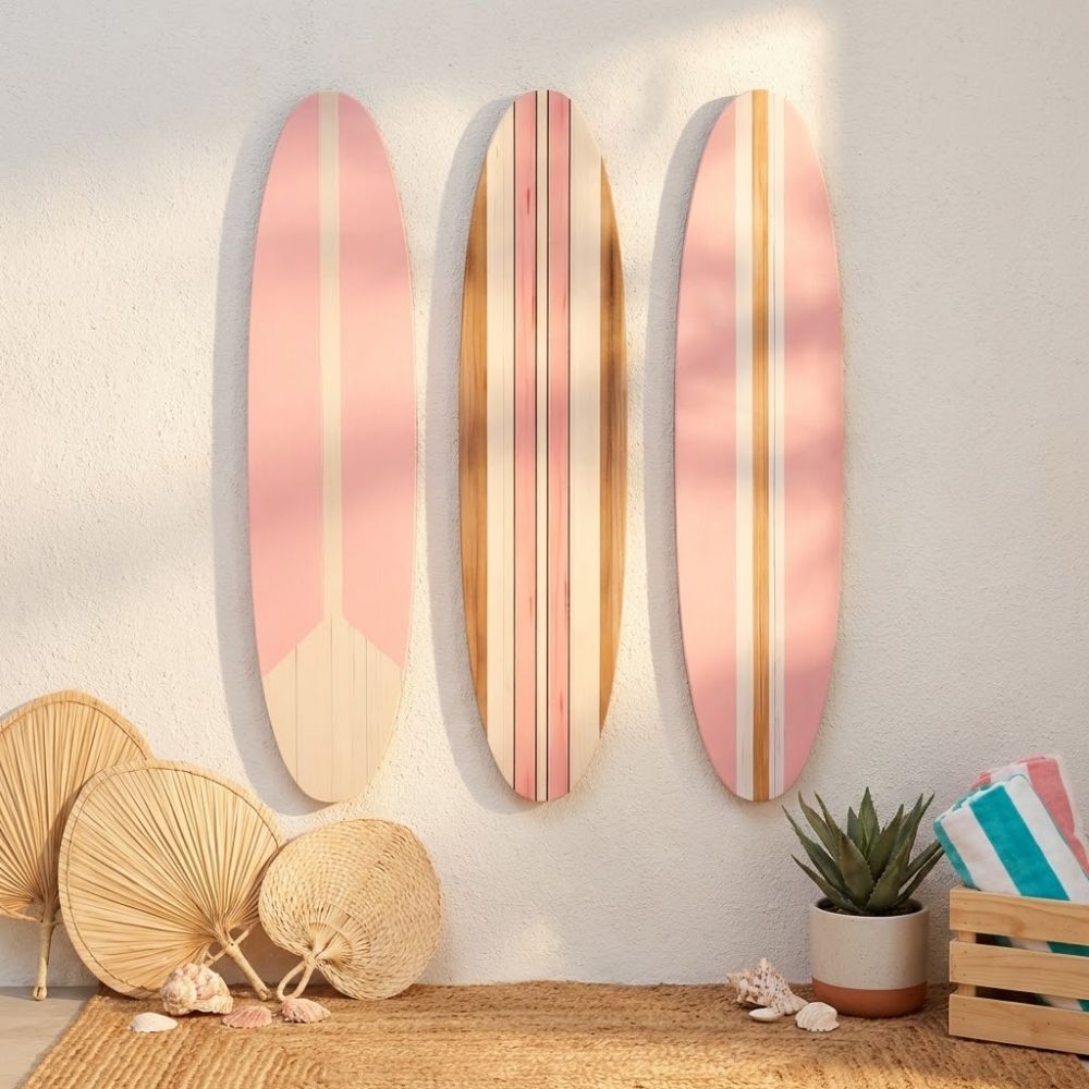 3 Stück Sommer-Thema Surfbrett Wandbehang Hawaiianischer Stil Ozean Strand Surfbrett Schild Gestreiftes Muster mit Haken