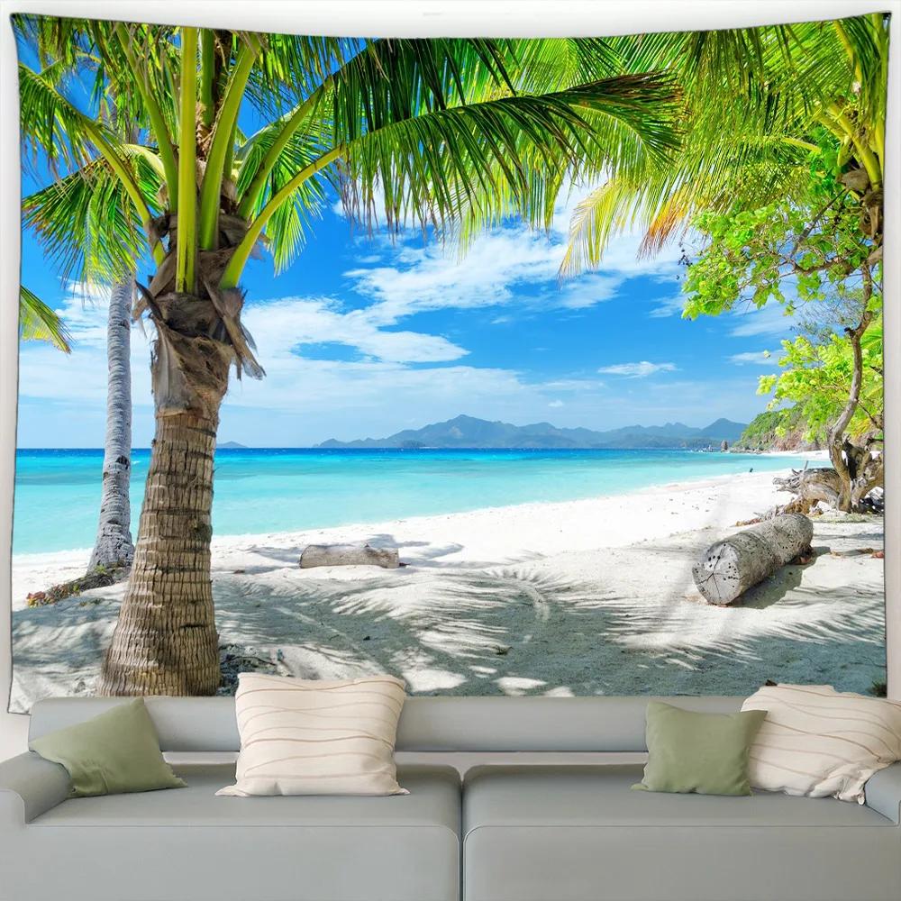 Island Landscape Wall Hanging Tapestry – Beach with Palm Trees At Dusk, Ocean Waves Fabric Art for Living Room, Dorm, Home Decor