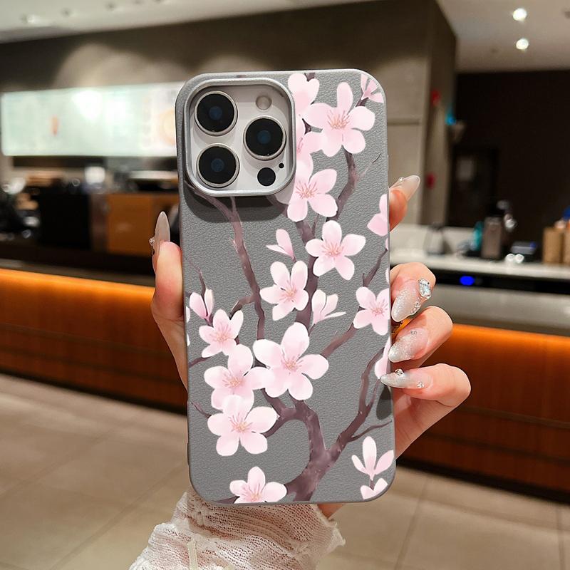 Hand-drawn Style Sakura Pattern Case For iPhone 17 Pro Max Leather Texture Soft Silicone Cover For iPhone 16 15 14 13 Pro 12 11 16E Air